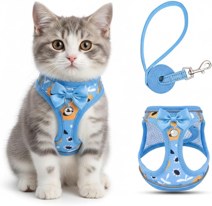 Cat Harness and Leash Escape Proof for Walking, Adjustable Soft Kitten Harness with Reflective Straps Step in Cat Vest Harness for Small Kitten and XS Dogs (Blue, XXS-Chest(8.7"-10.2"))