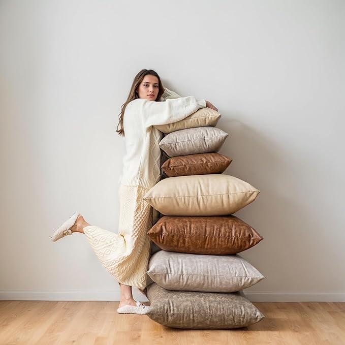 Pack of 4 Oversized Faux Leather Neutral Decorative Throw Pillow Covers 24x24 inch, Soft Modern Boho Luxury Waterproof Floor Cushion Cases, for Outdoor Lounge Sofa Couch Bed Home Decor
