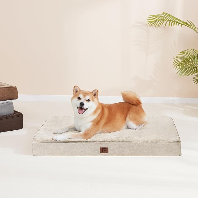 EHEYCIGA Waterproof Dog Bed Orthopedic 30"x20", Memory Foam Pet Bed for Medium Dogs, Washable Pet Mat with Removable Cover, Beige