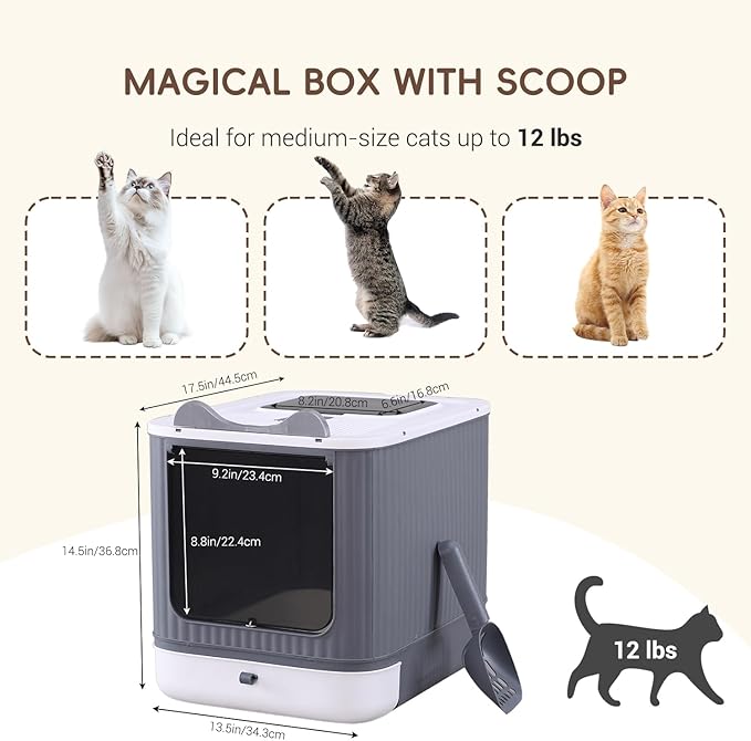 Upgraded Fully Enclosed Cat Litter Box with Lid, Covered Cat Box Enclosure, Anti-Splashing Easy to Clean Kitty Litter Boxes with Drawer, 3 Modes can Use from Kitten to Adult(White&Grey)
