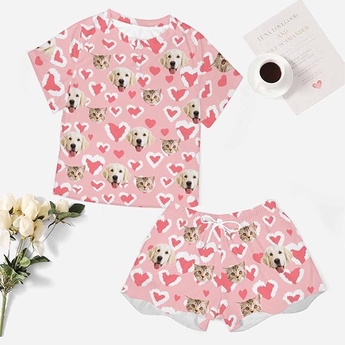 D-Story Custom Short Pajama Set with Pet Face Personalized Photo Sleepwear 2 Pieces Pjs Nightwear Xmas Gift for Women
