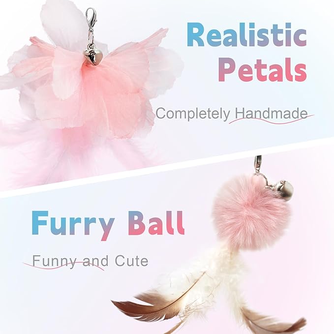 SONGWAY Cat Wand Toys for Indoor Cats - Cat Toy Set with Retractable Teaser Wand and 6 PCS Fairy Feather Toy Refills, Butterfly Tassel Plush Cat Toys Interactive, Pink