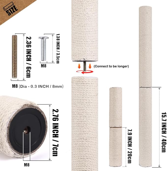 OSPNIEEK Cat Scratching Post Replacement with M8 Screws, 2 Pack 15.7“ Natural Sisal Rope Cats Tree Scratcher Refill, DIY Hemp Scratch Pole Part for Indoor Kitten Tower Refurbishment Accessories Spare