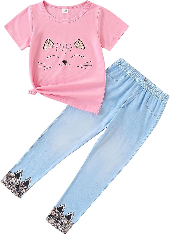 4-8T Toddler Girl Clothes Cat face print Short Sleeve Top+Pants Outfits Girl Spring and summer 2-Piece Set
