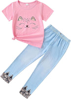 4-8T Toddler Girl Clothes Cat face print Short Sleeve Top+Pants Outfits Girl Spring and summer 2-Piece Set