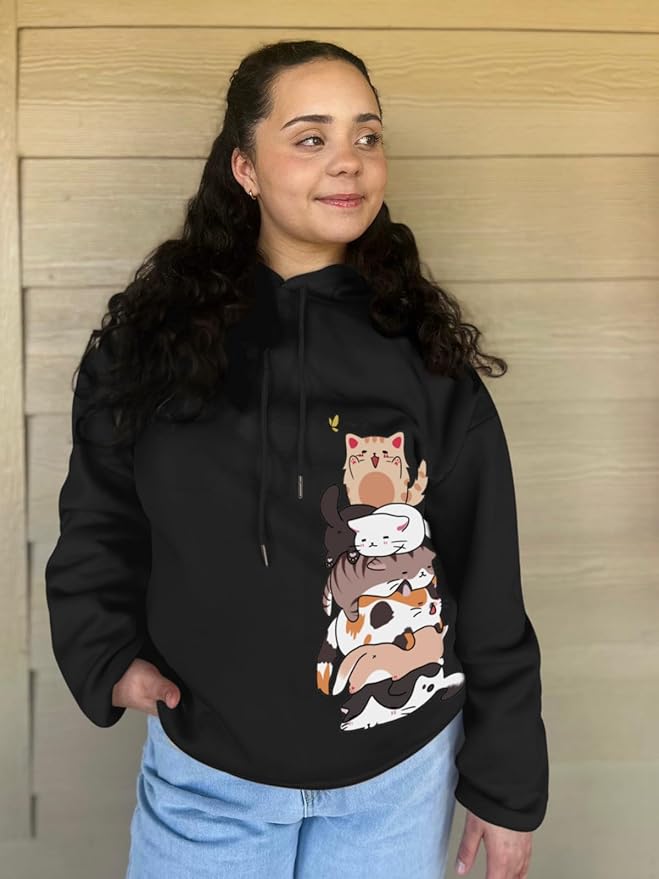 Tuislay Cute Cat Graphic Hoodies for Teen Girls Kawaii Cartoon Printed Hoodie Women Anime Print Hooded Sweatshirt Pullover