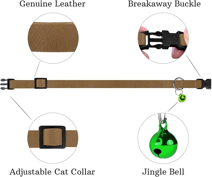 Breakaway Cat Collar Leather with Removable Bell - 13 Colors Available - Soft Adjustable Girl Boy Safety Lightweight Pet Kitten Collars Pink Brown Blue Green Red Orange Black (Brown)