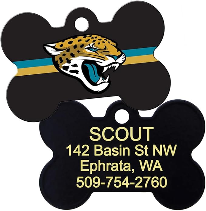 GoTags Personalized Jacksonville Jaguars Dog Tag, Brass Metal Bone Shape Pet ID Tag Engraved with Name and Custom Text, Every NFL Football Team Pet Apparel (Large)