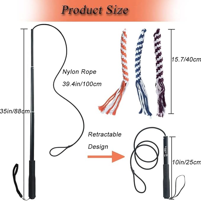 Flirt Pole for Dogs, Interactive Dog Toys for Dog Chase and Tug of War, Dog Teaser Wand with 3 Fleece Rope Chew Toy, Pet Flirt Stick Pole for Small Medium Large Dogs Training Exercise