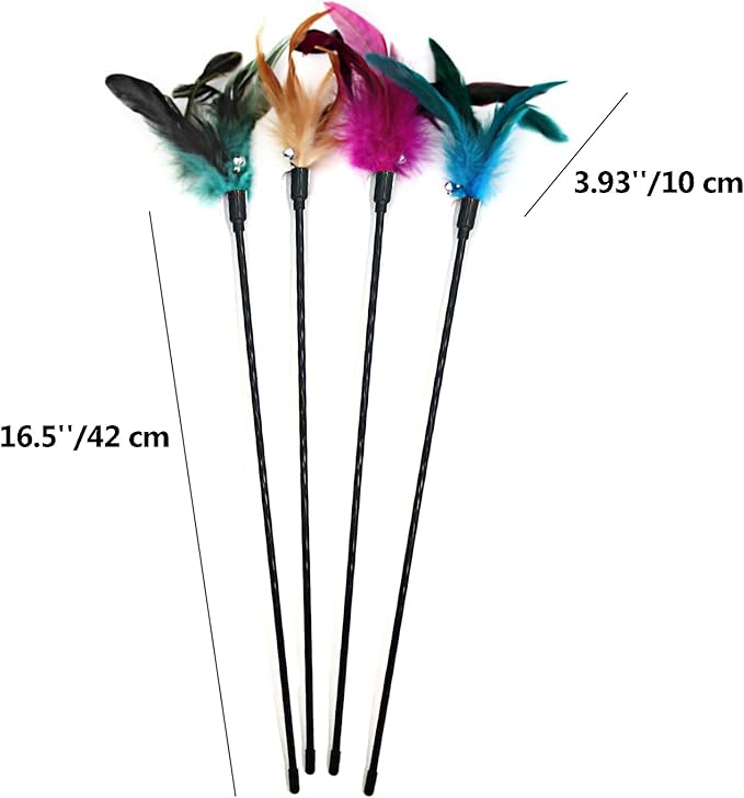 4 PCS Interactive Cat Teaser Wand - 20" Long Wand with Loud Bell for Cat and Kitten
