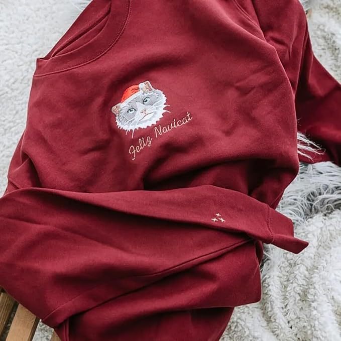 COUPLEHOODIES Custom Pet Christmas Sweatshirt – Embroidered Cat or Dog Portrait Unique Pet for Dog Moms or Family