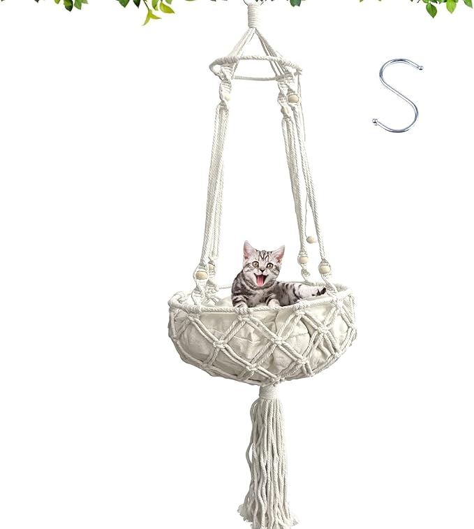kathson Macrame Cat Hammock with Cushion,Handwoven Cats Bed,Hanging Indoor Boho Kitten Swing Beds for Playing Sleeping Climbing and Lounging(XL)