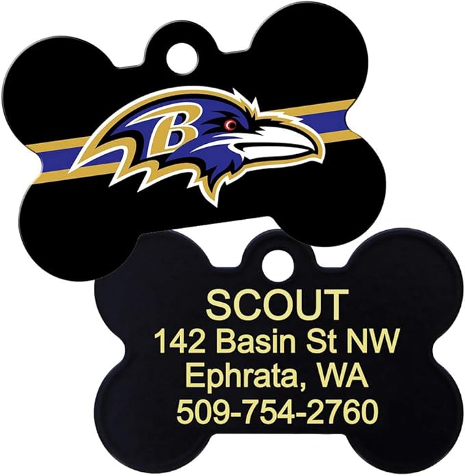 GoTags Personalized Baltimore Ravens Dog Tag, Brass Metal Bone Shape Pet ID Tag Engraved with Name and Custom Text, Every NFL Football Team Pet Apparel (Large)
