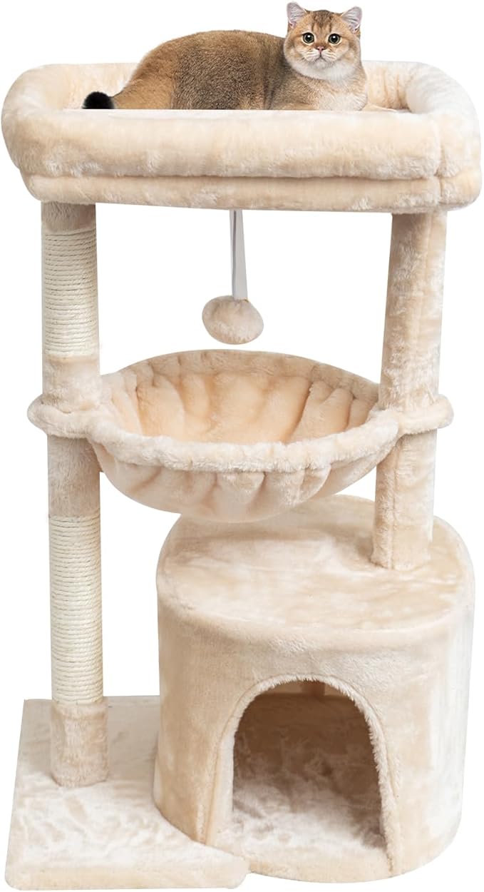 SYANDLVY Small Cat Tree for Indoor Cats, Kittens Condo with Scratching Post and Board, Modern Activity Tower with Cradle, Beige