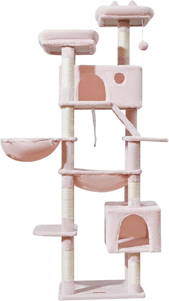 Taoqimiao Cat Tree 71-Inch, Cat Tower for Indoor Cats Large Adult, Multi-Level Large Cat Condo, 8 Sisal Scratching Posts, Metal Frame Cozy Hammock, Scratch Board, 2 Top Perches, Jelly Pink MS026LP