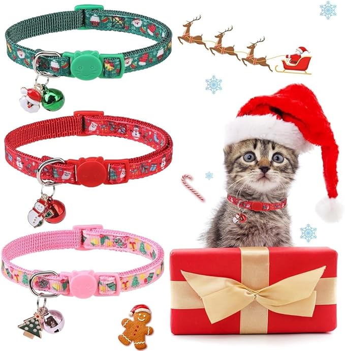 BINGPET Cat Collar, 3 Pack Adjustable Breakaway, Cute Kitty Collars with Bell, Christmas, for Girl Boy Cats & Small Pets