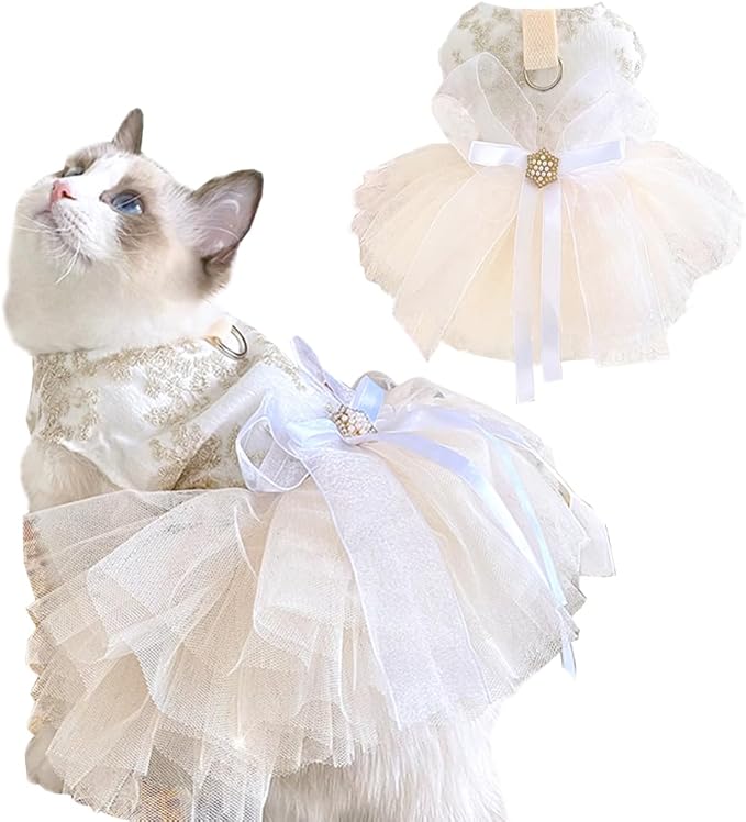 Fancy Dog Dresses with Leash Ring, Embroidered Dog Wedding Dress, Bow Puppy Clothes for Small Dogs Girl Multi-Layer Lace Tutu Cat Outfit for Kitten Chihuahua Yorkie, Champagne,Large