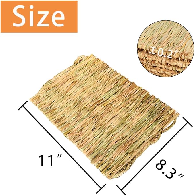 PINVNBY 4 Pack Woven Grass Mats for Rabbits,11.0"x8.3" Natural Bunny Hay Mat Large Guinea Pig Straw Handwoven Bedding Chewable & Cooling Mat - Eco-Friendly Cage Liner Nesting Toy