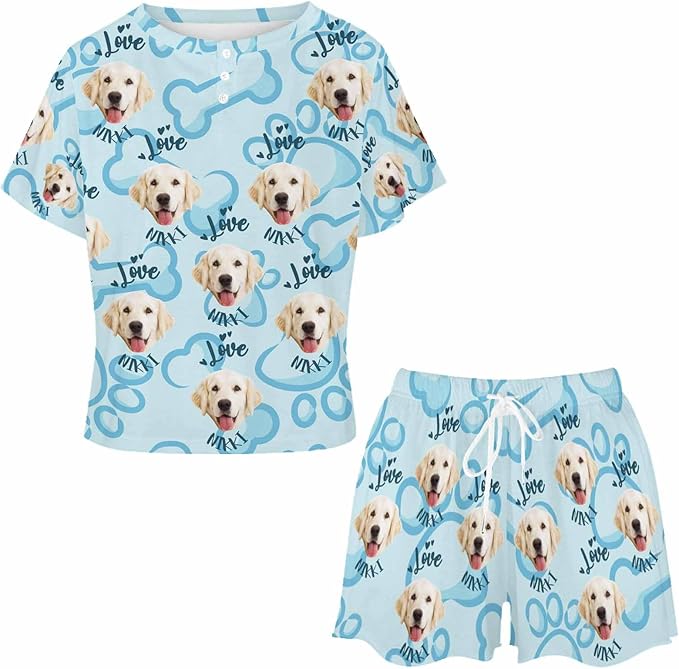 Custom Short Pajamas Set with Face Photo Women‘s Sleepwear Tee Personalized PJ Short Loungewear Set fot Her