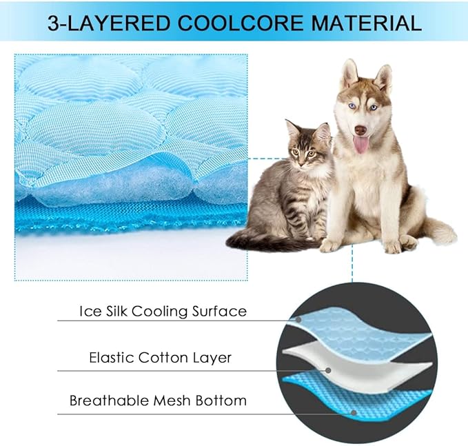 SOMOYA Dog Self Cooling Mat Pet Washable Cooling Pads Blanket Sleeping Kennel Mat,Ice Silk Sleep Mat Pad Non-Toxic Breathable Sleep Bed Beach for Large Dogs Cats (Blue, 27.5x39.4 in)