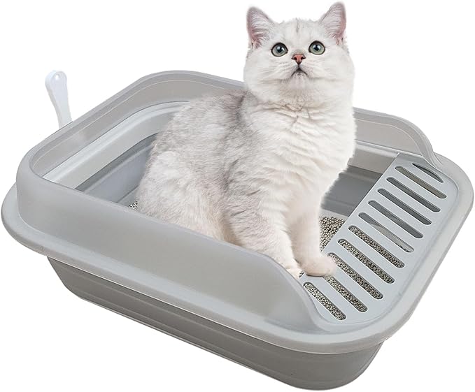 Collapsible Kitten Litter Box, Open High Sided Cat Potty Pan with Scoop Shallow Cat Toilet Anti-Splashing Low Entrance Travel Litter Box with Falling Sand Pedal for Kitty to Senior Cats