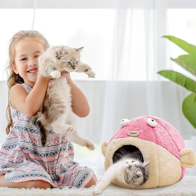 Cat Beds for Indoor Cats - Cat Bed Cave with Removable Washable Cushioned Pillow, Soft Plush Premium Cotton No Deformation Pet Bed, Lively Pufferfish cat House Design, Pink, Multiple Sizes