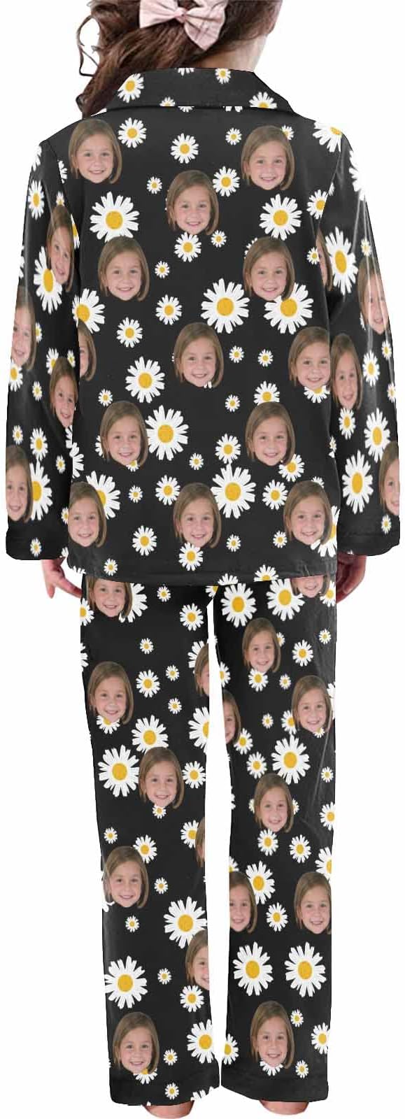 Artsadd Girls Pajamas Set Custom Face Pet Photo Long Sleeve Sleepwear Personalized Printed V-Neck Button-up Pants Nightwear