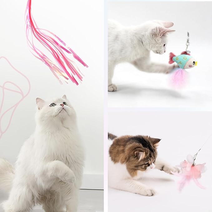 SONGWAY Cat Wand Toys for Indoor Cats - Cat Toy Set with Retractable Teaser Wand and 6 PCS Fairy Feather Toy Refills, Butterfly Tassel Plush Cat Toys Interactive, Pink