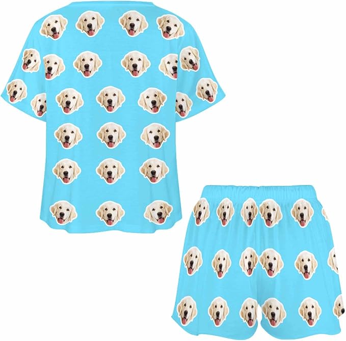 Custom Short Pajamas Set with Face Photo Women‘s Sleepwear Tee Personalized PJ Short Loungewear Set fot Her