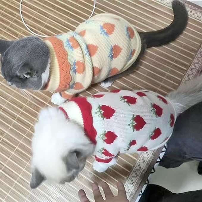 ANIAC Strawberry Turtleneck Cat Sweater Warm Knitted Small Dog Clothes for Girls Boys Autumn Winter Puppy Outfit Cold Weather Pet Knitwear for Chihuahua Yorkie Poodle (Red Strawberry, Small)