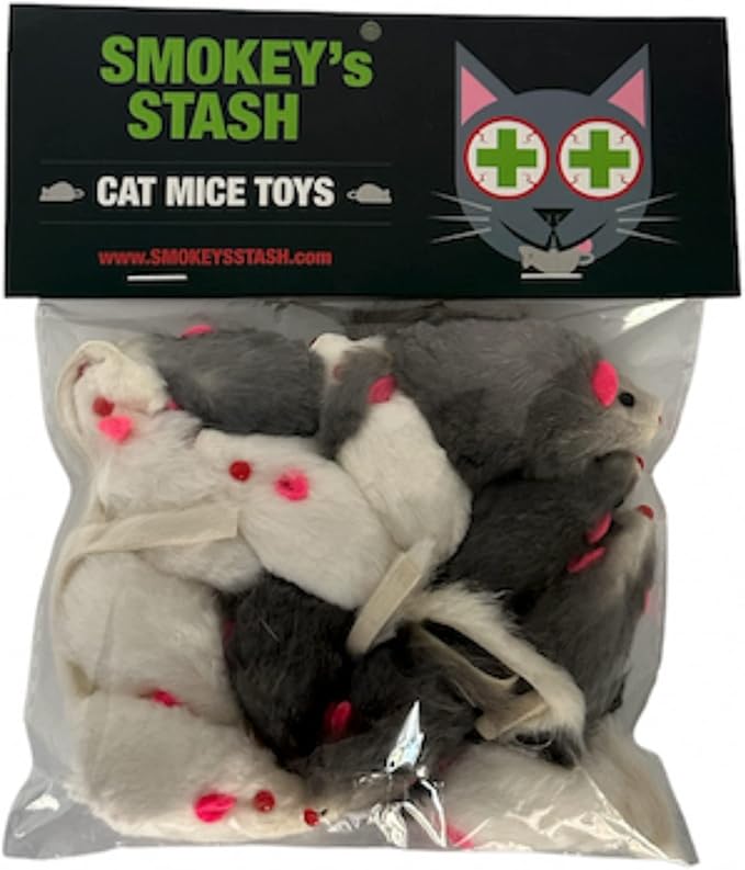Smokey's Stash Rabbit Fur Mouse Cat Toy 12 per Pack White and Gray Fuzzy Toys for Cats with Rattle Realistic Fake mice (12)