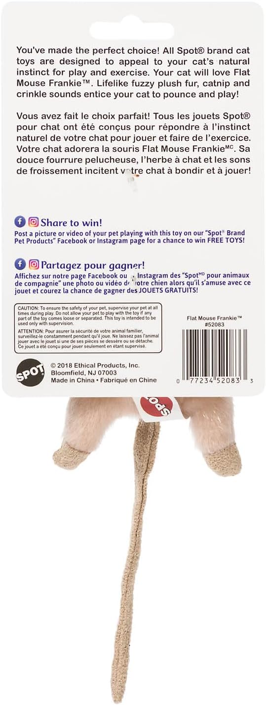 SPOT Flat Mouse Frankie with Catnip - Cat Toy, Fuzzy Mice with Catnip and Crinkle Sound, Perfect Size for Pouncing on, Chasing, Hunting - 5.5in Plush Toys, Assorted Colors