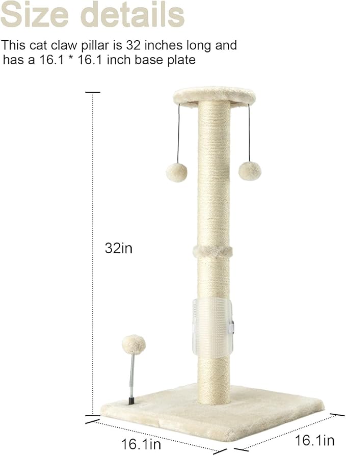 PEEKAB 32" Tall Cat Scratching Post Sisal Rope Scratch Posts with Hanging Ball and Self-Massage Brush Vertical Scratcher for Indoor Cats and Kittens(Beige 32inches)