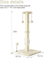 PEEKAB 32" Tall Cat Scratching Post Sisal Rope Scratch Posts with Hanging Ball and Self-Massage Brush Vertical Scratcher for Indoor Cats and Kittens(Beige 32inches)