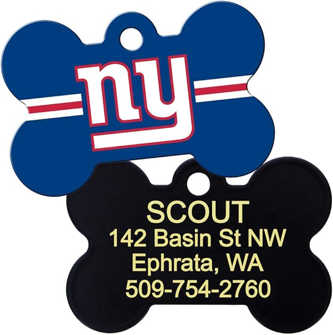 GoTags Personalized New York Giants Dog Tag, Brass Metal Bone Shape Pet ID Tag Engraved with Name and Custom Text, Every NFL Football Team Pet Apparel (Large)