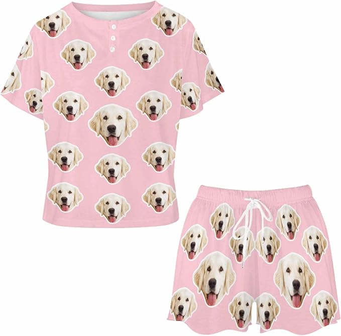 Custom Short Pajamas Set with Face Photo Women‘s Sleepwear Tee Personalized PJ Short Loungewear Set fot Her