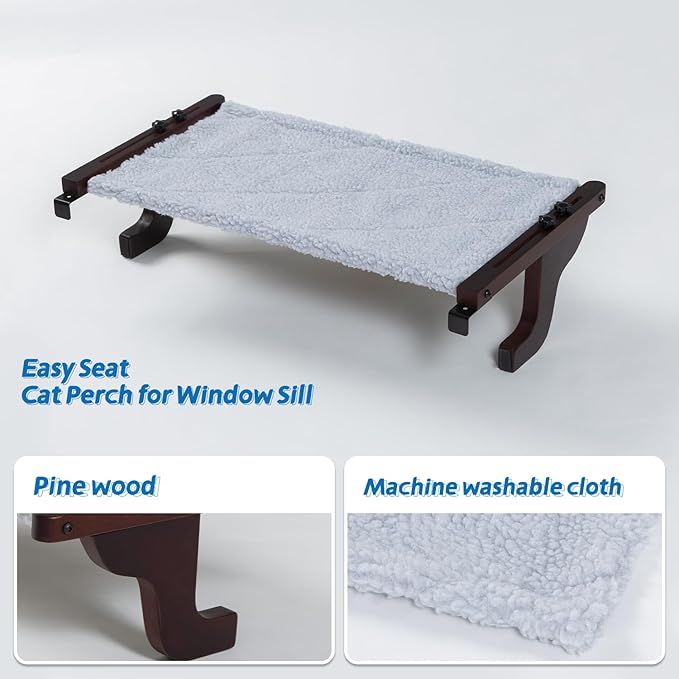 Zakkart Easy Seat Cat Perch for Window Sill - Hammock Design w/Premium Wood & Robust Metal Frame - Cat Window Seat for Large Cats and Kittens (Dark Stained Wood w/Gray Bed, Large (26''W x 14''D))
