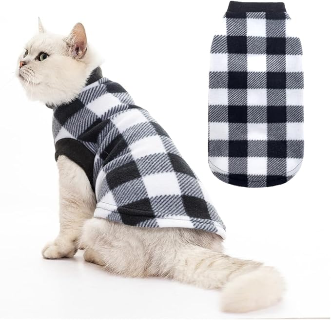 EXPAWLORER Plaid Cat Sweater - Pet Clothes Cat Puppy Vest Warm Fleece Hoodie for Cats, Fall and Cold Winter Coat Pullover Design, Buffalo Checked Sweatshirt Clothing Also for Small Dogs