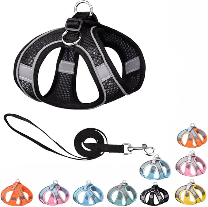Black XS Dog Harness with Leash, No-Pull Puppy Harness for Easy Walk, Breathable Mesh Reflective Cat Vest for XXS Xs Small Medium Breed Pet Dogs, XS