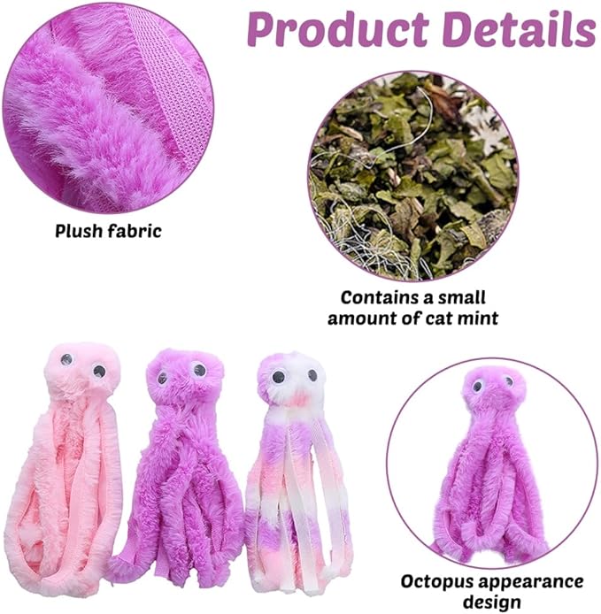 DONGKER Cat Plush Toys,3 PCS Octopus Shaped Cat Teaser Toy with Little Catnip Inside for Kitten Play Halloween Christmas Xmas Party