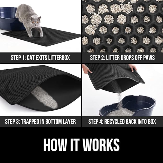 GORILLA GRIP Honeycomb Cat Litter Box Mat, Two Layer Trapping Waste Mats, Soft On Paws, Litter Box Supplies and Essentials for Indoor Cats, Traps Excess, Water Resistant for Floors, 24x15 Black