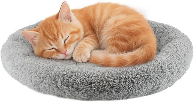 LESYPET Cat Bed for Indoor Cats, Small Pet Bed Curl Sleep Cushion with Raised Pillow Around, Non-Slip Bottom Washable Pet Beds Mat for Small Pets Rabbit Hamsters, Round Diameter 11.8"