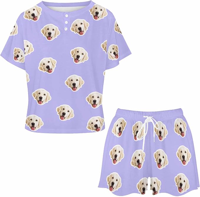 Custom Short Pajamas Set with Face Photo Women‘s Sleepwear Tee Personalized PJ Short Loungewear Set fot Her