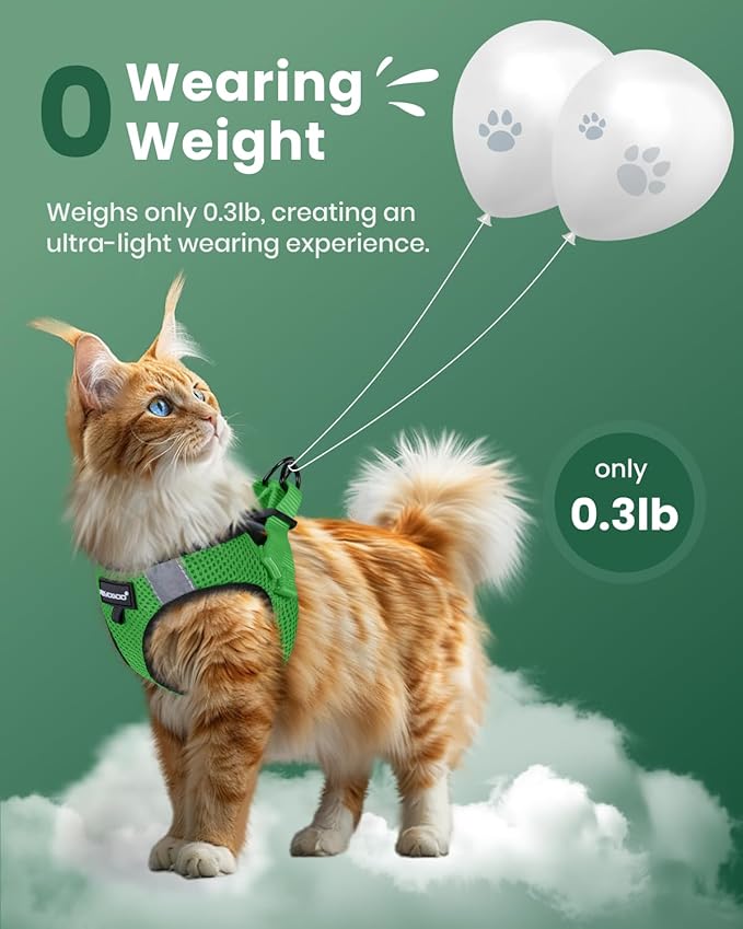 FAYOGOO Cat Harness, Escape Proof, Ultra-Light & Comfortable, Reflective Night Safety, Neon Green, Medium