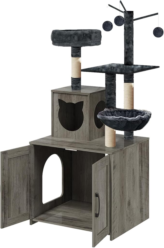 Cat Tree with Litter Box, Wood Litter Box Enclosure with Food Station, Modern Cat Tower for Indoor Large Cats with Large Platform,Cat Condo with Scratching Posts, Hammock, Caves, Basket,Grey