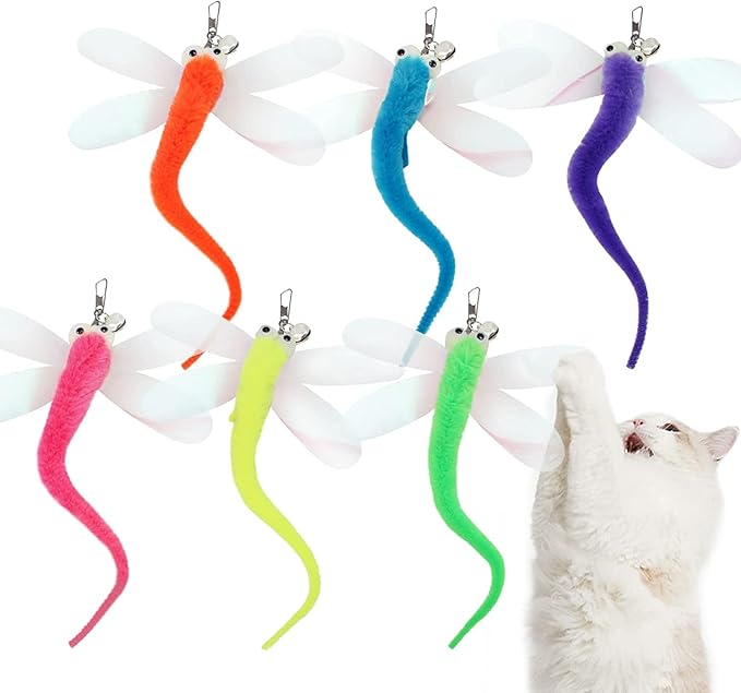 Cat Big Eye Dragonfly Toys Replacement Cat Toy Wand Refills, 6 Pieces Big Eye Dragonfly Cat Toy Feathers Refill, Interactive Cat Teaser Wand Attachments, with Bell