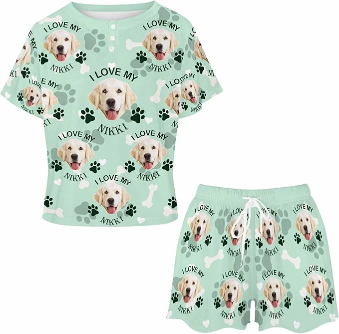 Custom Short Pajamas Set with Face Photo Women‘s Sleepwear Tee Personalized PJ Short Loungewear Set fot Her