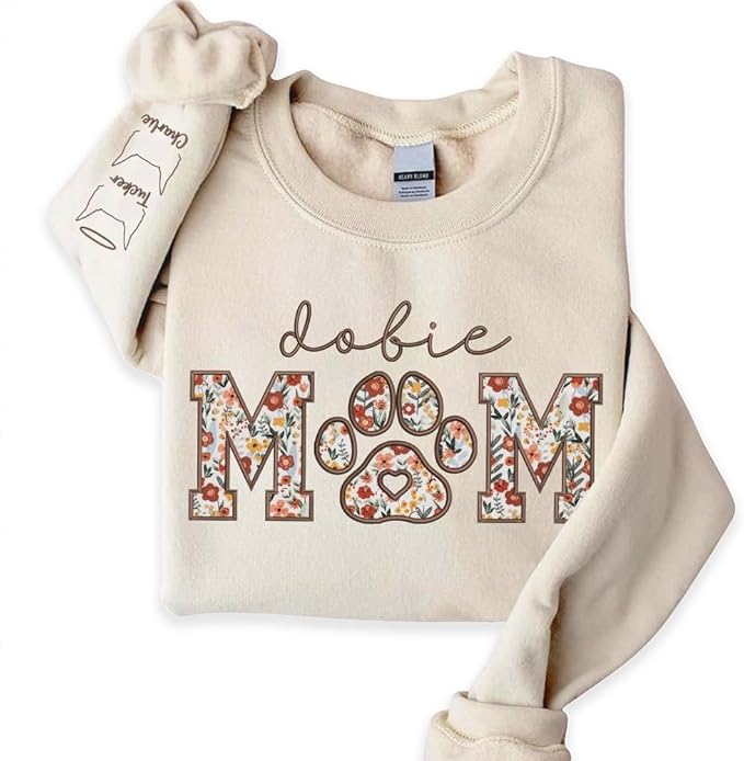 CHILLEVER Personalized Embroidered Dog Mom Sweatshirt, Dog Mama Crewneck, Gift for Mom, Pet Name On The Sleeve