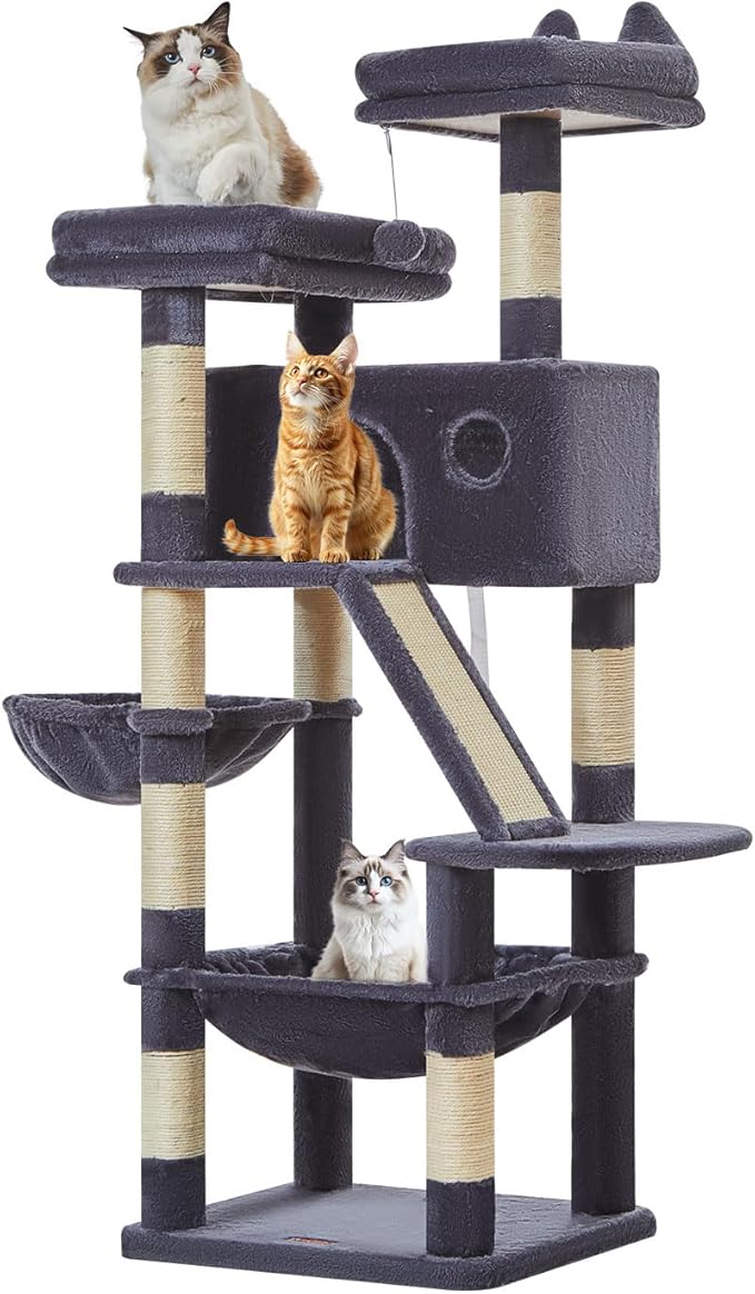 Taoqimiao Cat Tree 57.5-Inch, Cat Tower for Indoor Cats Large Adult, Extra Large Cat Condo, 8 Sisal Scratching Posts, Metal Frame Cozy Hammock, Durable Scratch Board, 2 Top Perches, Smoky Gray MS026G