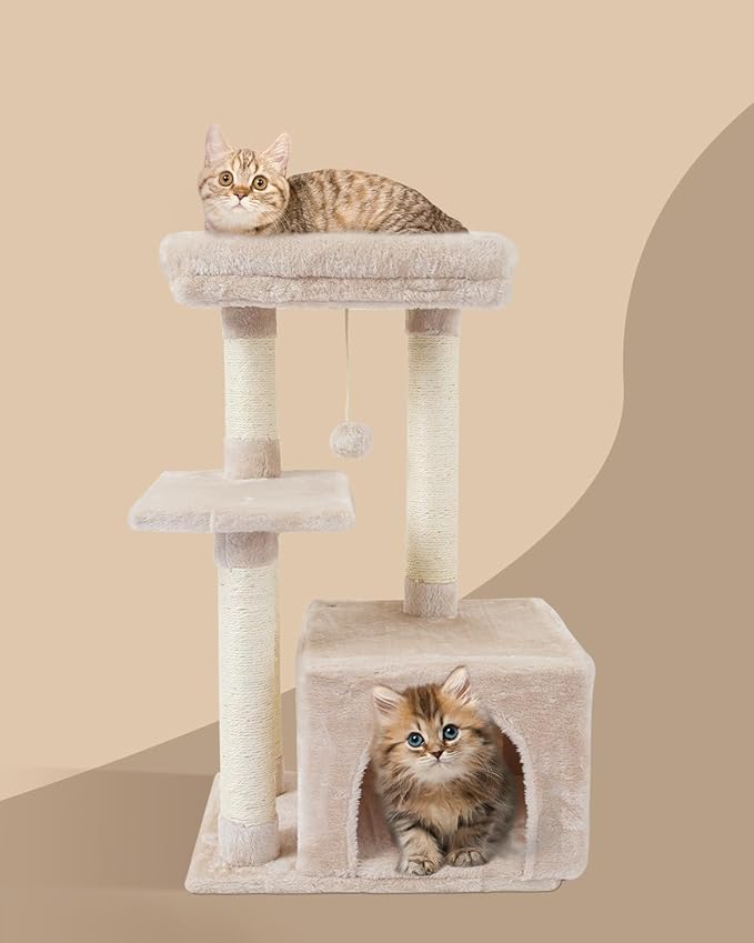FISH&NAP Cute Cat Tree Kitten Cat Tower for Indoor Cat Condo Sisal Scratching Posts with Jump Platform Cat Furniture Activity Center Play House Beige